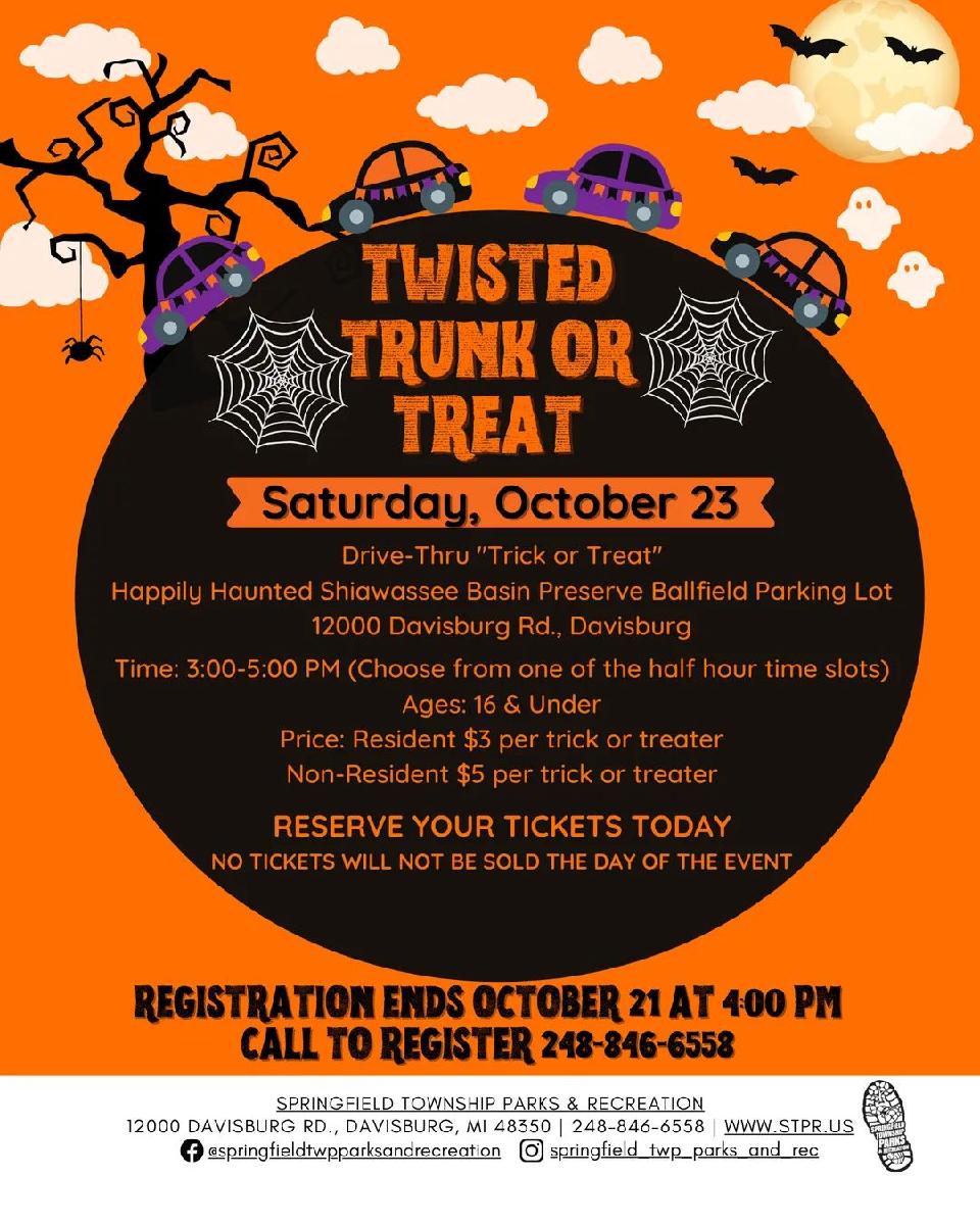 Flyer for 2021 Trunk or Treat October 23 showing halloween symbols